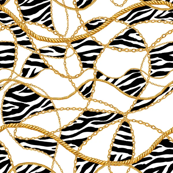 Golden chain glamour stripe zebra seamless pattern illustration. Watercolor hand drawn fashion texture with different golden chains on white background. Watercolour print for textile, fabric, wallpaper, wrapping.