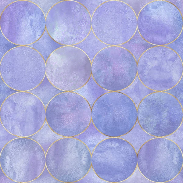 Abstract watercolor background with lavender purple color circles. Watercolor hand drawn seamless pattern with gold contour line. Watercolour luxury texture. Print for textile, wallpaper, wrapping.