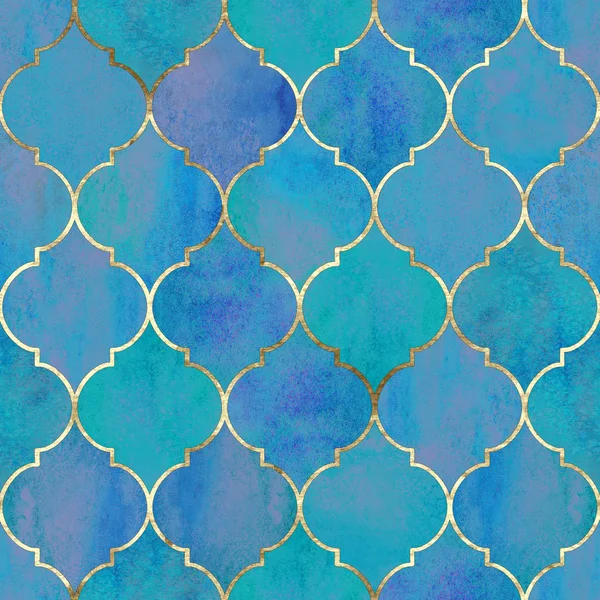 Vintage Decorative Moroccan Seamless Pattern Gold Line Watercolor Hand Drawn — Stock Photo, Image