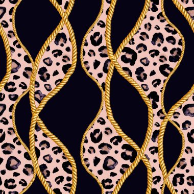 Altın zincir glamour leopar cheetah Dikişsiz desen illüstrasyon. Siyah zemin üzerine altın zincirlerle suluboya elle çizilmiş moda doku. Suluboya Tekstil, kumaş, duvar kağıdı için yazdırma.