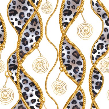 Altın zincir glamour leopar cheetah Dikişsiz desen illüstrasyon. Beyaz zemin üzerine altın zincirlerle suluboya elle çizilmiş moda doku. Suluboya Tekstil, kumaş, duvar kağıdı için yazdırma.