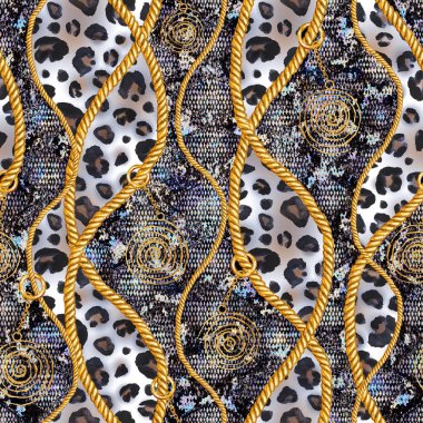 Dikişsiz desen illüstrasyon Altın zincir glamour, yılan derisi ve leopar kürk. Suluboya elle çizilmiş moda yılan cilt dokusunu farklı altın zincirleri. Suluboya Tekstil, kumaş baskı.