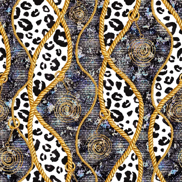 Glamour Cadena Dorada Piel Serpiente Piel Leopardo Ilustración Patrón Sin —  Fotos de Stock