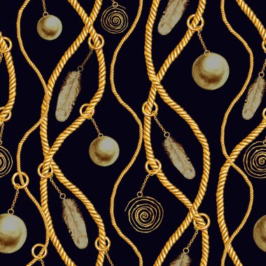 Altın zincir glamour Dikişsiz desen illüstrasyon. Siyah arka plan üzerine farklı altın zincirlerle suluboya elle çizilmiş moda doku. Suluboya baskı Tekstil, kumaş, duvar kağıdı, ambalaj için.