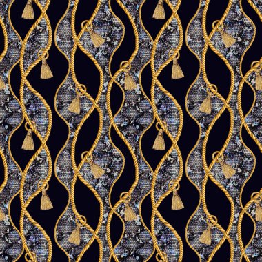 Altın zincir glamour yılan derisi Dikişsiz desen illüstrasyon. Suluboya elle çizilmiş moda yılan cilt dokusunu siyah arka plan üzerine farklı Altın zincir ile. Suluboya Tekstil, kumaş baskı.
