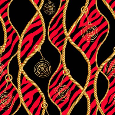 Altın zincir glamour kırmızı zebra Dikişsiz desen illüstrasyon. Suluboya elle çizilmiş şerit moda doku siyah zemin üzerine altın zincir ile. Baskı Tekstil, kumaş, duvar kağıdı, ambalaj için.