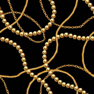 Altın zincir glamour Dikişsiz desen illüstrasyon. Siyah arka plan üzerine farklı altın zincirlerle suluboya elle çizilmiş moda doku. Suluboya baskı Tekstil, kumaş, duvar kağıdı, ambalaj için.