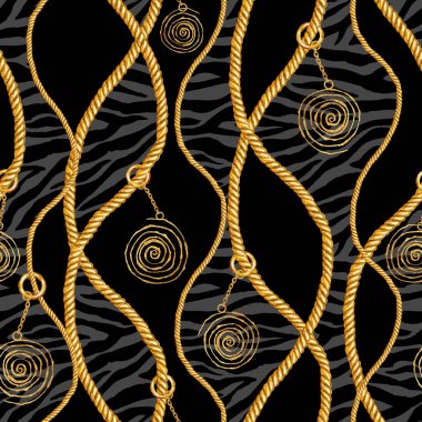 Altın zincir glamour zebra Dikişsiz desen illüstrasyon. Suluboya elle çizilmiş şerit moda doku siyah zemin üzerine altın zincir ile. Baskı Tekstil, kumaş, duvar kağıdı, ambalaj için.