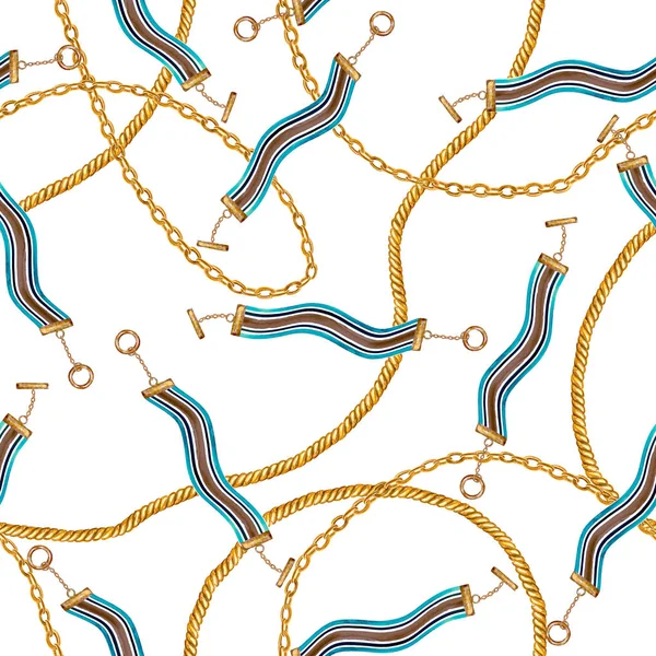 Golden chain, belt, choker glamour seamless pattern. Watercolor hand drawn fashion texture with different gold chains and chokers on white background. Print for textile, fabric, wallpaper, wrapping.