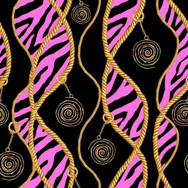 Altın zincir glamour pembe zebra Dikişsiz desen illüstrasyon. Suluboya elle çizilmiş şerit moda doku siyah zemin üzerine altın zincir ile. Baskı Tekstil, kumaş, duvar kağıdı, ambalaj için.