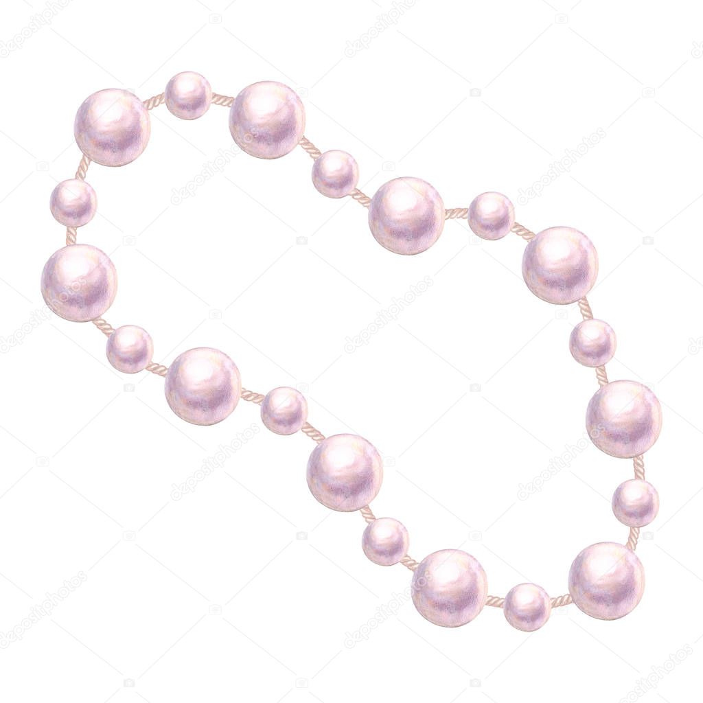 Pearl necklace shiny natural sea nacreous isolated on white background. Watercolor hand drawn realistic iridescent pale colours illustration. Design element for fabric print chain.