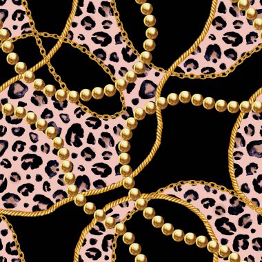 Altın zincir glamour leopar cheetah Dikişsiz desen illüstrasyon. Siyah zemin üzerine altın zincirlerle suluboya elle çizilmiş moda doku. Suluboya Tekstil, kumaş, duvar kağıdı için yazdırma.