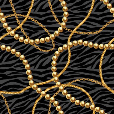 Altın zincir glamour zebra Dikişsiz desen illüstrasyon. Suluboya elle çizilmiş şerit moda doku siyah zemin üzerine altın zincirleri. Baskı Tekstil, kumaş, duvar kağıdı, ambalaj için.