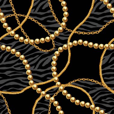 Altın zincir glamour zebra Dikişsiz desen illüstrasyon. Suluboya elle çizilmiş şerit moda doku siyah zemin üzerine altın zincir ile. Baskı Tekstil, kumaş, duvar kağıdı, ambalaj için.