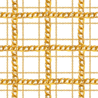 Altın zincir glamour Dikişsiz desen illüstrasyon. Suluboya elle çizilmiş moda dokulu beyaz arka plan üzerinde farklı altın Zincirler ve. Suluboya baskı Tekstil, kumaş, duvar kağıdı, ambalaj için.