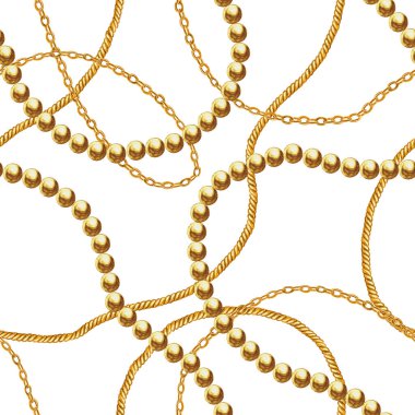 Altın zincir glamour Dikişsiz desen illüstrasyon. Suluboya elle çizilmiş moda dokulu beyaz arka plan üzerinde farklı altın Zincirler ve. Suluboya baskı Tekstil, kumaş, duvar kağıdı, ambalaj için.