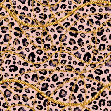 Altın zincir glamour leopar kürk Dikişsiz desen illüstrasyon. Suluboya elle çizilmiş moda yılan cilt dokusunu farklı Altın zincir ile. Suluboya Tekstil, kumaş baskı.