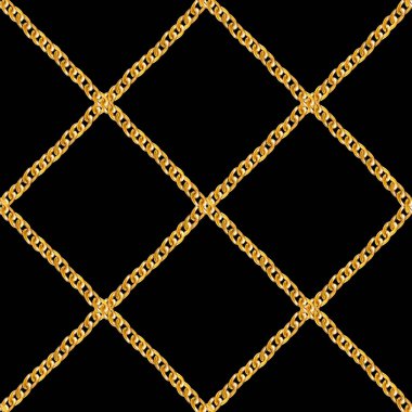 Altın zincir glamour Dikişsiz desen illüstrasyon. Siyah arka plan üzerine farklı altın zincirlerle suluboya elle çizilmiş moda doku. Suluboya baskı Tekstil, kumaş, duvar kağıdı, ambalaj için.