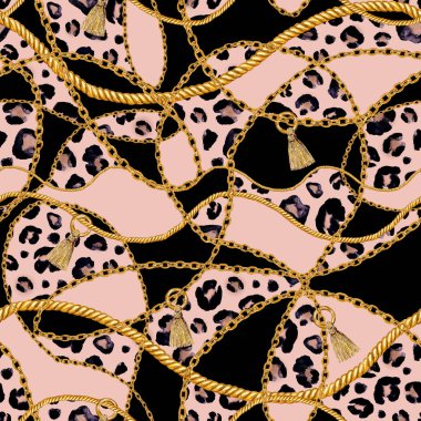 Altın zincir glamour leopar cheetah Dikişsiz desen illüstrasyon. Siyah zemin üzerine altın zincirlerle suluboya elle çizilmiş moda doku. Suluboya Tekstil, kumaş, duvar kağıdı için yazdırma.