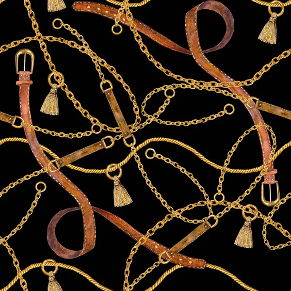 Golden chain, belt glamour seamless pattern. Watercolor hand drawn fashion texture with different gold chains and leather belts on black background. Print for textile, fabric, wallpaper, wrapping.