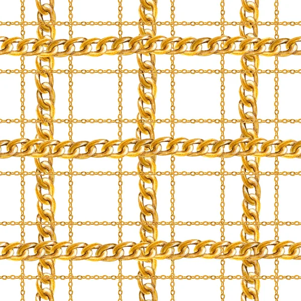 Altın zincir glamour Dikişsiz desen illüstrasyon. Suluboya elle çizilmiş moda dokulu beyaz arka plan üzerinde farklı altın Zincirler ve. Suluboya baskı Tekstil, kumaş, duvar kağıdı, ambalaj için.