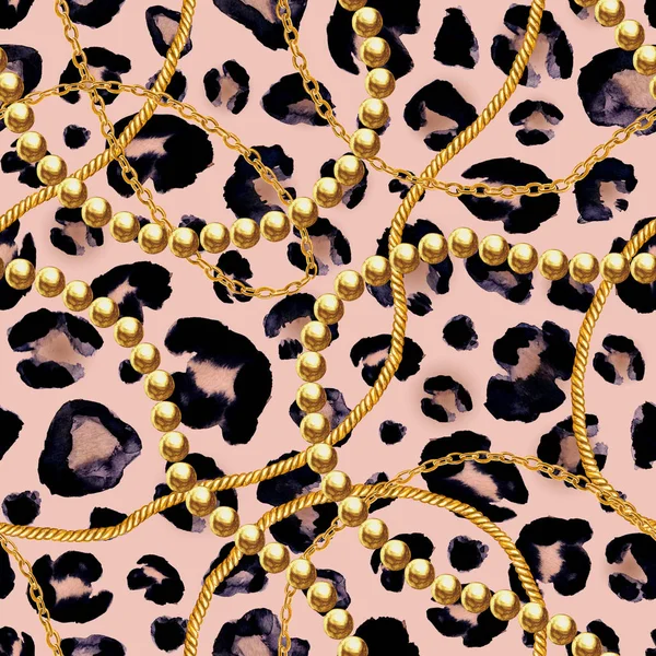 Catena Oro Glamour Leopardo Pelliccia Modello Senza Cuciture Illustrazione Acquerello — Foto Stock