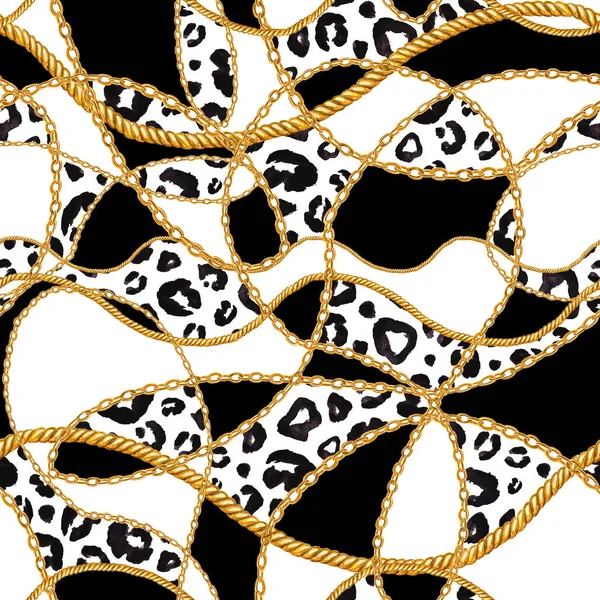 Χρυσή Αλυσίδα Αίγλη Λεοπάρδαλη Τσίτα Χωρίς Ραφή Πρότυπο Εικονογράφηση Ακουαρέλα — Φωτογραφία Αρχείου