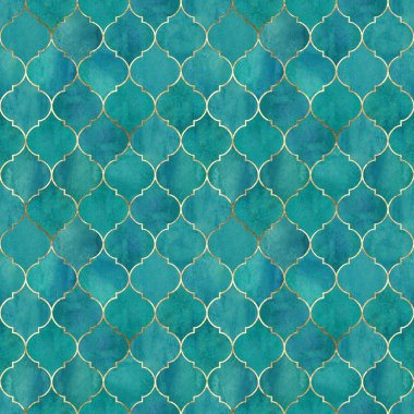 Vintage dekoratif Fas seamless modeli altın çizgili. Suluboya elle çizilmiş parlak deniz mavisi arka plan. Suluboya geometrik oryantal öğeleri doku. Baskı Tekstil, duvar kağıdı, ambalaj için.