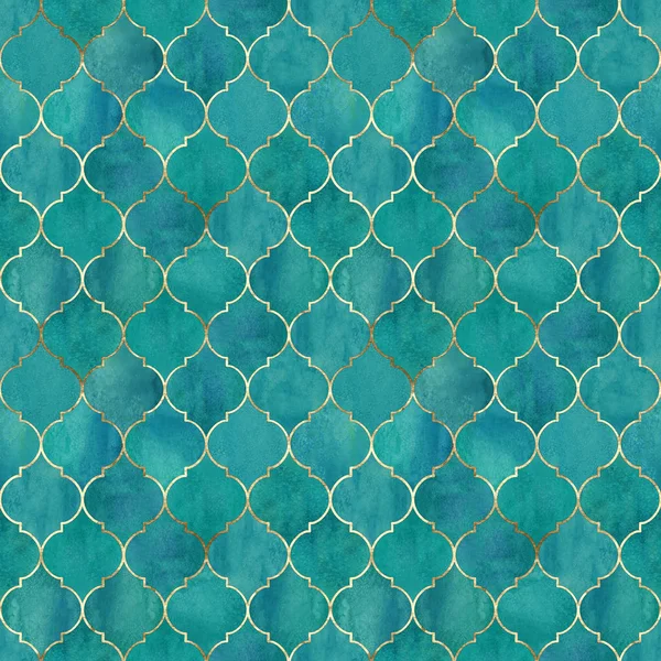 ヴィンテージ装飾モロッコ シームレス パターン ゴールド ライン 水彩の手描き明るい青緑背景 水彩の幾何学的な東洋の要素テクスチャです 包装を印刷します — ストック写真