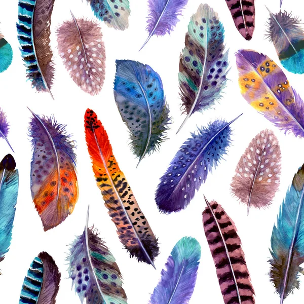 Plumas de aves acuarela dibujadas a mano vibrante patrón sin costura brillante ilustración . —  Fotos de Stock