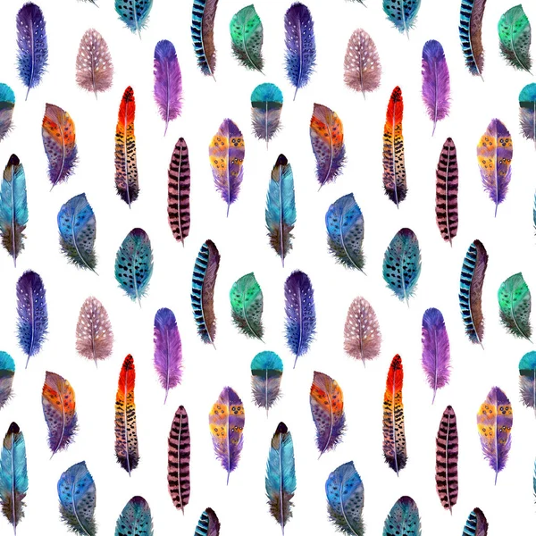 Plumas de aves acuarela dibujadas a mano vibrante patrón sin costura brillante ilustración . —  Fotos de Stock