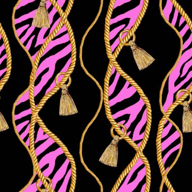 Altın zincir glamour zebra Dikişsiz desen illüstrasyon. Altın zincirlerle suluboya doku.