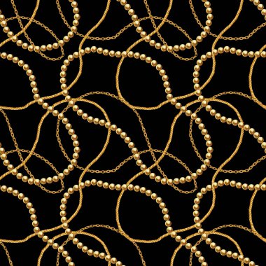 Altın zincir glamour Dikişsiz desen illüstrasyon. Altın zincirlerle suluboya doku.