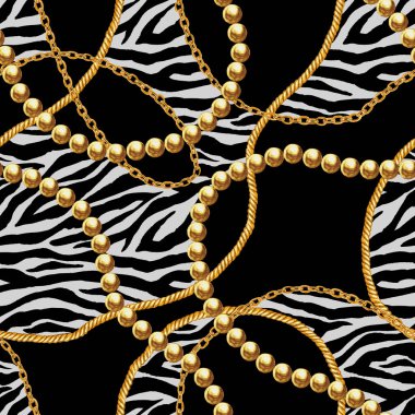 Altın zincir glamour zebra Dikişsiz desen illüstrasyon. Altın zincirlerle suluboya doku.