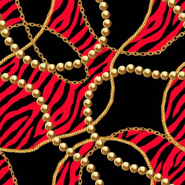 Altın zincir glamour zebra Dikişsiz desen illüstrasyon. Altın zincirlerle suluboya doku.