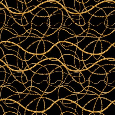 Altın zincir glamour Dikişsiz desen illüstrasyon. Altın zincirlerle suluboya doku.