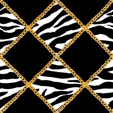 Altın zincir glamour zebra Dikişsiz desen illüstrasyon. Altın zincirlerle suluboya doku.