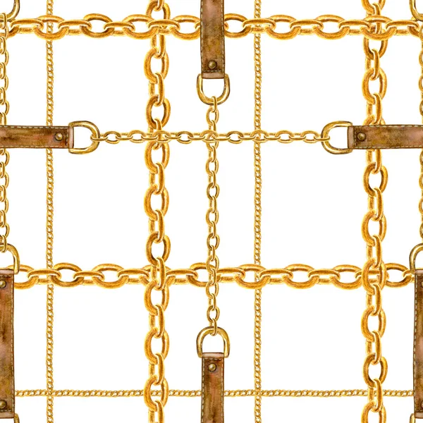 Altın zincir glamour Dikişsiz desen illüstrasyon. Sulu Boya doku ile altın Zincirler ve Deri kemerler. — Stok fotoğraf