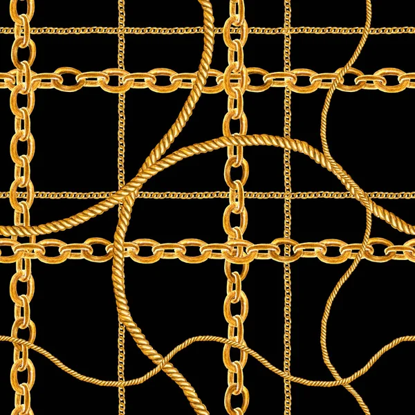 Golden chain glamour seamless pattern illustration. Watercolor texture with golden chains.