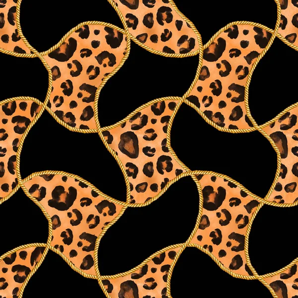 Χρυσή αλυσίδα αίγλη λεοπάρδαλη τσίτα χωρίς ραφή πρότυπο εικονογράφηση. Ακουαρέλα υφή με χρυσές αλυσίδες. — Φωτογραφία Αρχείου