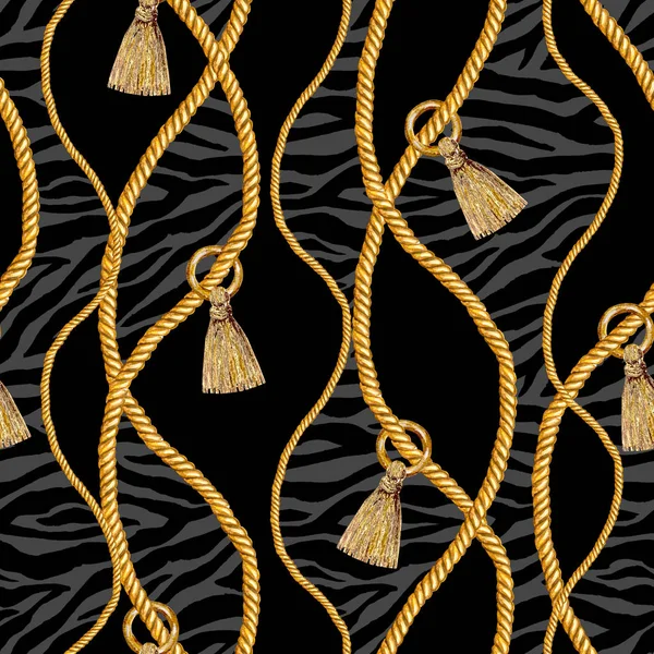 Złoty łańcuch glamour ilustracja wzór zebra. Akwarela tekstury z złote łańcuchy. — Zdjęcie stockowe