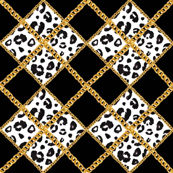Χρυσή αλυσίδα αίγλη λεοπάρδαλη τσίτα χωρίς ραφή πρότυπο εικονογράφηση. Ακουαρέλα υφή με χρυσές αλυσίδες. — Φωτογραφία Αρχείου
