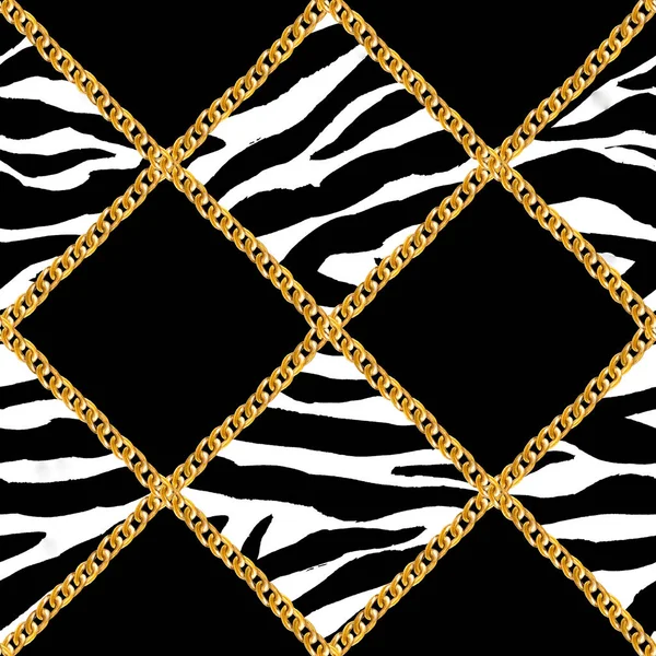 Corrente dourada glamour zebra sem costura padrão ilustração. Textura aquarela com correntes douradas . — Fotografia de Stock