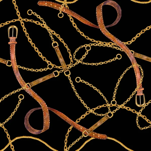 金色のチェーンのグラマーのシームレスなパターンのイラスト。黄金の鎖と革ベルト水彩テクスチャ. — ストック写真