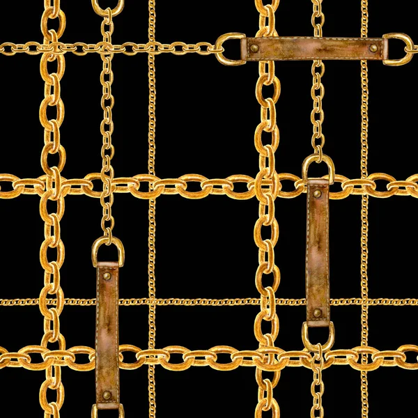 Gouden ketting glamour naadloze patroon illustratie. Aquarel textuur met gouden kettingen en lederen riemen. — Stockfoto