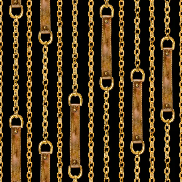 Glamour cadeia dourada ilustração padrão sem costura. Textura aquarela com correntes douradas e cintos de couro . — Fotografia de Stock