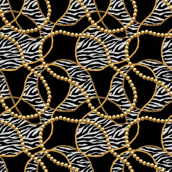Gouden ketting glamour zebra naadloze patroon illustratie. Aquarel textuur met gouden kettingen. — Stockfoto