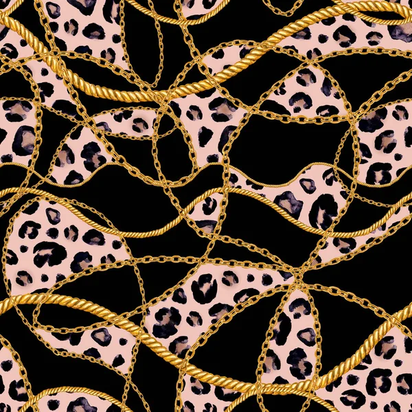 Catena d'oro glamour leopardo ghepardo modello senza soluzione di continuità illustrazione. Texture acquerello con catene dorate . — Foto Stock