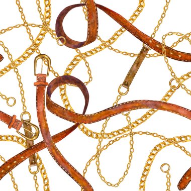 Altın zincir glamour Dikişsiz desen illüstrasyon. Sulu Boya doku ile altın Zincirler ve Deri kemerler.