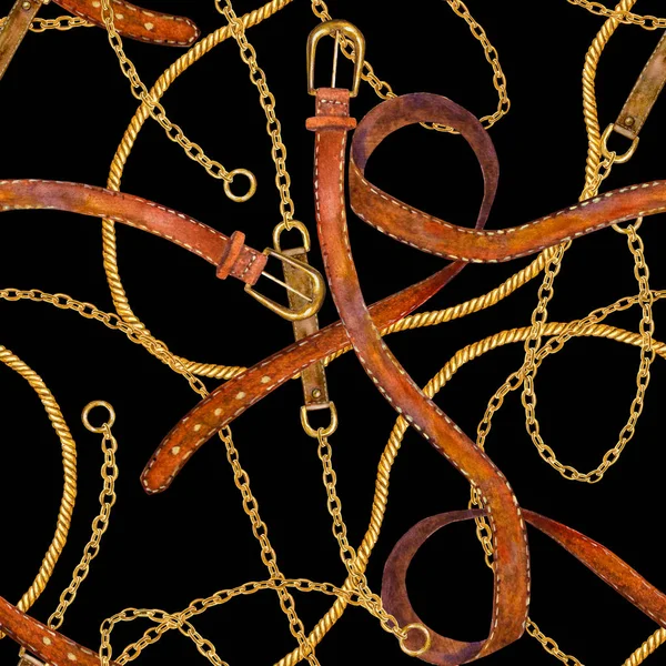 Złoty łańcuch Seksowny bezszwowe wzór ilustracja. Akwarela tekstury z złote łańcuchy i paski skórzane. — Zdjęcie stockowe